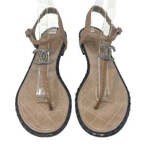 Chanel‎ Python Leather CC Logo T-Strap Sandals Tan/Black EU39.5